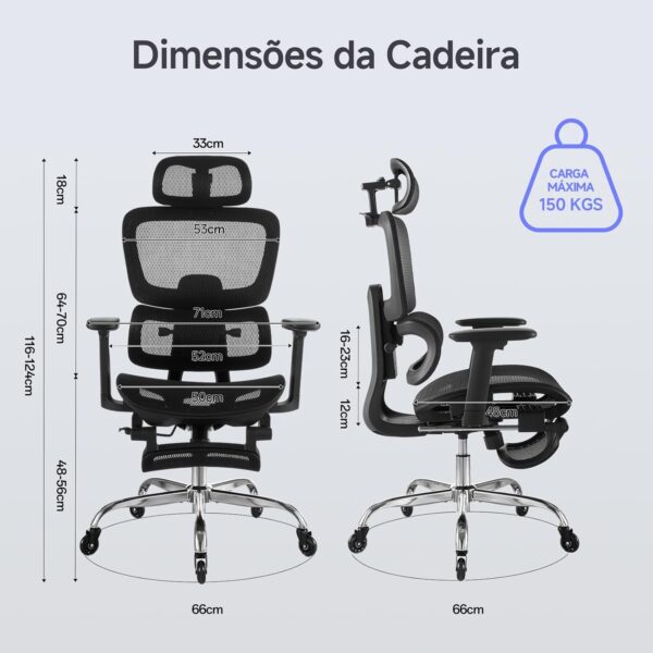 LarkLeaves Cadeira de Escritório com Descanso para os Pés, Cadeira Ergonômica com Travesseiro para Pescoço e Rodas de Borracha, Cadeira Gamer com Encosto Ajustável e Apoios de Braço 3D, Preto - Imagem 5