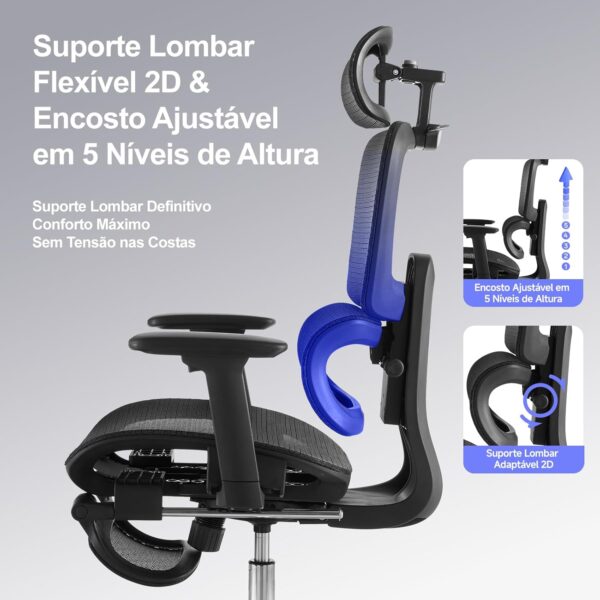 LarkLeaves Cadeira de Escritório com Descanso para os Pés, Cadeira Ergonômica com Travesseiro para Pescoço e Rodas de Borracha, Cadeira Gamer com Encosto Ajustável e Apoios de Braço 3D, Preto - Imagem 2