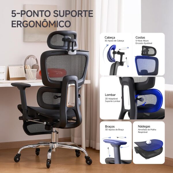 LarkLeaves Cadeira de Escritório com Descanso para os Pés, Cadeira Ergonômica com Travesseiro para Pescoço e Rodas de Borracha, Cadeira Gamer com Encosto Ajustável e Apoios de Braço 3D, Preto - Imagem 6