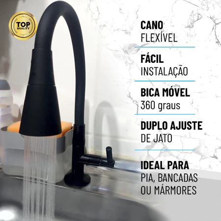 Torneira Bancada Cozinha Gourmet Preta Flexivel 2 Jatos 1/4 de volta para mesa pia bancada e mármore - Imagem 2