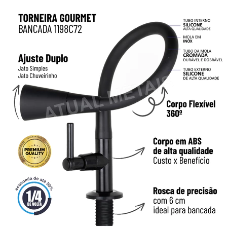Torneira Bancada Cozinha Gourmet Preta Flexivel 2 Jatos 1/4 de volta para mesa pia bancada e mármore - Imagem 4