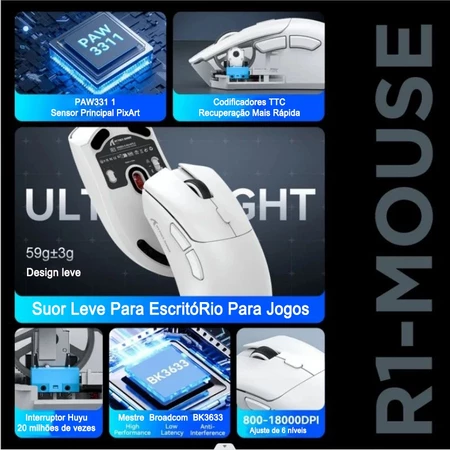 Mouse Sem Fio Attack Shark R118000dpi 1000 Hz Conexão Trimodo PAW3311 Macro Para Jogos - Imagem 3